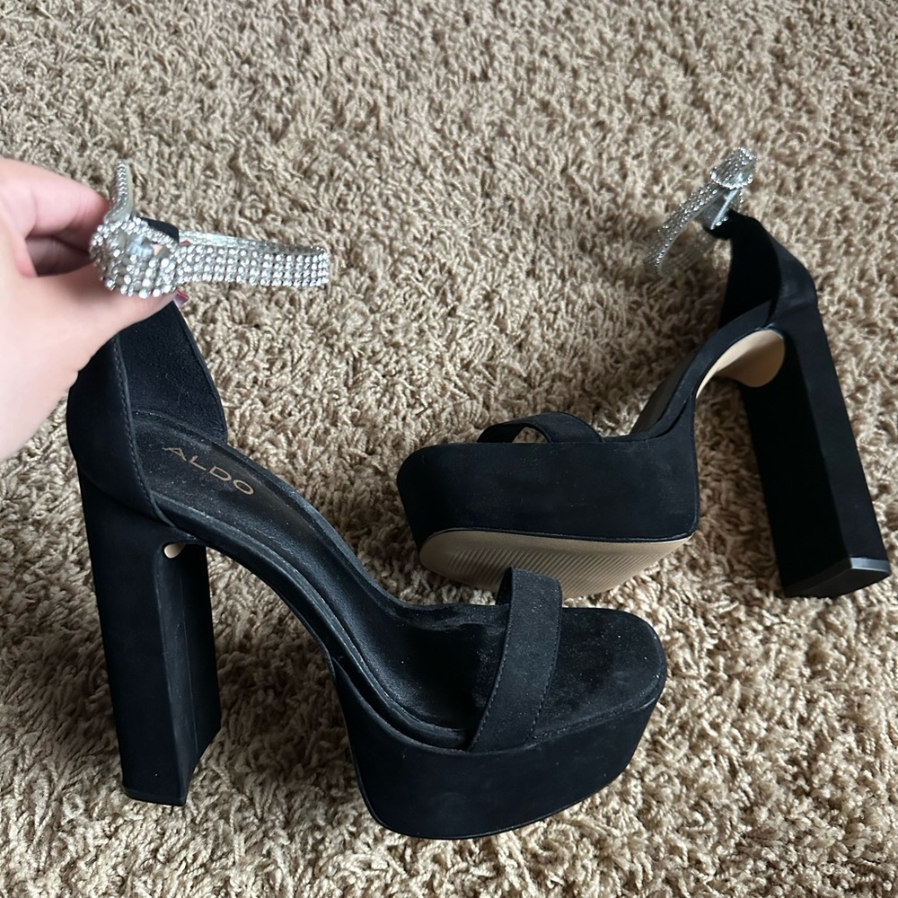 ALDO Black Platform Heels with Rhinestone Ankle Strap